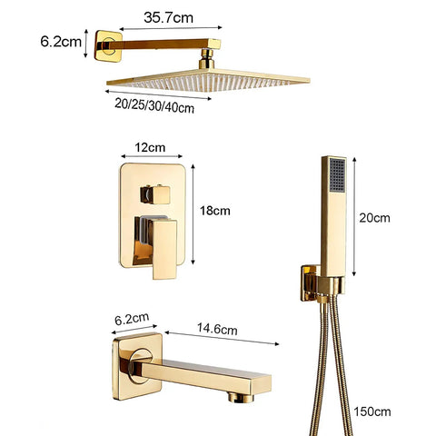 Slick Wall Mount Shower Kit With Led Glow And Tub Spout Boasting Crisp Square Rainfall Head, detailed measurements shown.