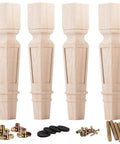 18 Inch Solid Wood Furniture Legs Set Of 4 With Carved Geometric Design Unfinished Bun Feet Includes Mounting Plate And Screws