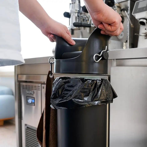 Espresso Knock Box Garbage Bags 13x35 Inches 100 Pack Heavy Duty Thick Liners in use on a floor-standing bin