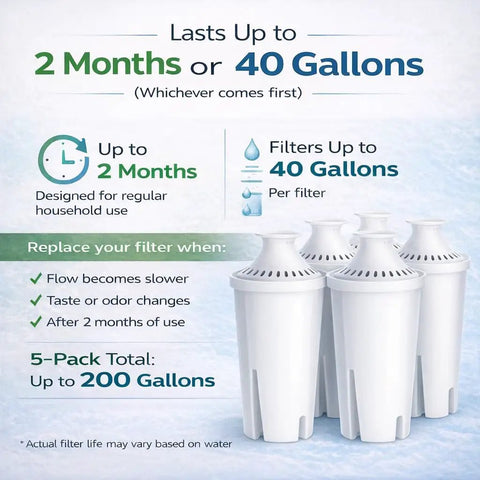 30 Cup Water Filter Pitcher With 5 Replacement Filters And Electronic Filter Change Reminder details on filter lifespan.
