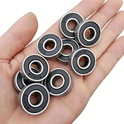 Ten 608RS ball bearings, 8x22x7 mm, double rubber-sealed metal bearings, silver with black inner race