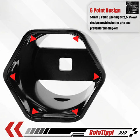Close-up of a 6-point Three Eighths Inch Drive 54mm Hub Axle Nut Socket for Toyota Land Cruiser and 4x4 vehicles