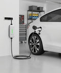 Top Tier Level Two EV Charger 16 Amp 240 Volt 3.2 KW EVSE mounted on wall, connected to electric vehicle in garage.