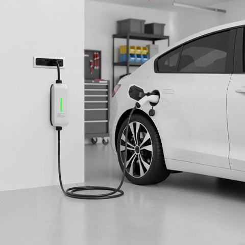 Top Tier Level Two EV Charger 16 Amp 240 Volt 3.2 KW EVSE mounted on wall, connected to electric vehicle in garage.