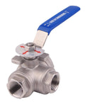 3-Way Ball Valve With T Mounting Pad Stainless 304 Heavy Duty, Female Half Inch NPT, Vinyl Locking Handle, Half Inch Ports