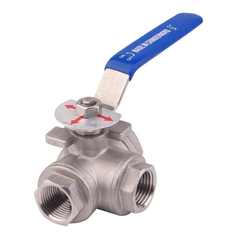 3-Way Ball Valve With T Mounting Pad Stainless 304 Heavy Duty, Female Half Inch NPT, Vinyl Locking Handle, Half Inch Ports