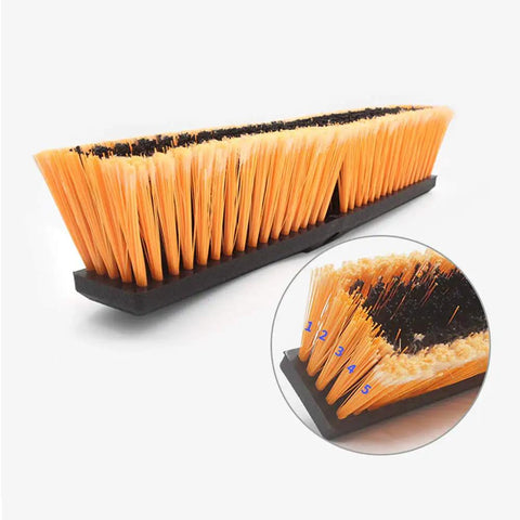 Heavy Duty 18 Inch Push Broom Long Handle Dual Bristle Gear For Concrete Garage Warehouse And Driveway Cleanup brush with orange bristles.