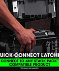 Person connecting Stack Pack Storage System Organizer Box with Quick Connect Interlocking for tools and gear.
