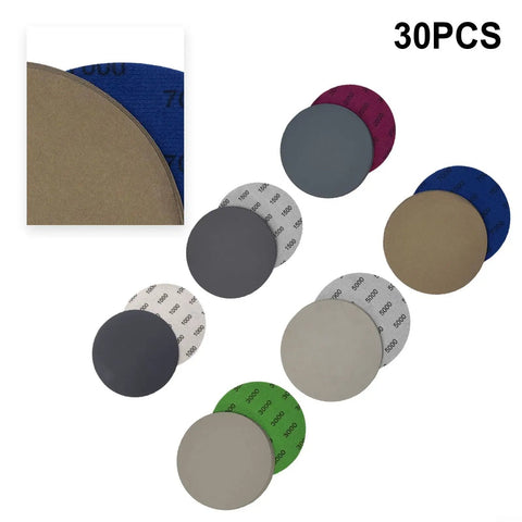 30 Pcs 5 Inch Wet Dry Sandpaper Discs Super Silicon Carbide Assortment For Auto Paint Correction showing grit labels 1000 to 7000.