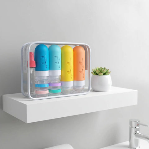 Carry On Ready Travel Bottles Kit 16 Pack TSA Approved Leak Proof Silicone Squeezable Containers For Toiletries on shelf