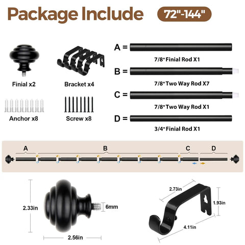 Package contents of Heavy Duty Curtain Rod Set For Windows 72 To 144 Inches 7/8 Inch Adjustable Drapery Rods With Modern Finials Built To Last