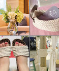 One Half Inch Natural Twisted Cotton Rope Thick And Soft Dope For Macrame Decor Crafts Camping Wedding Ropes And DIY Projects Great For Sports And Home Use With Natural Fragrance Lightweight Yet Strong shown as basket handle, sandals, pole wrap, and vase decor.