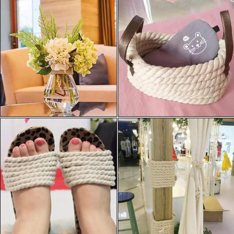 One Half Inch Natural Twisted Cotton Rope Thick And Soft Dope For Macrame Decor Crafts Camping Wedding Ropes And DIY Projects Great For Sports And Home Use With Natural Fragrance Lightweight Yet Strong shown as basket handle, sandals, pole wrap, and vase decor.