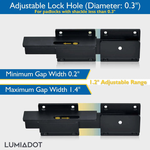 Heavy Duty Aluminum Gate Latch With Padlock Hole, Adjustable 3.5mm Thickness shown with gap width range details