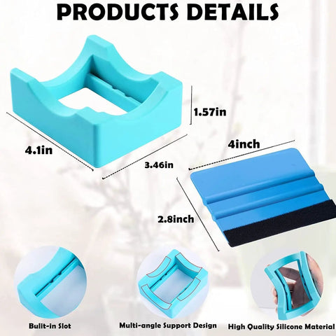 All-In-One Sublimation Tumbler Clamp Kit with silicone cup holder and padded squeegee for 20 oz tumblers, blue dimensions shown