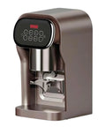 Robust 58 Mm Electric Coffee Tamper Providing Spot On Ten To Thirty Kilogram Pressure And Adjusted Timing Sequences For Bullseye Shots And Legit Barista Level Pulls At Home Or Shop In Bronze, front view.