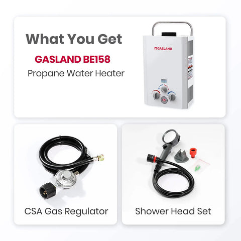 Propane Tankless Water Heater 1.58 GPM 41000 BTU Outdoor CSA certified with gas regulator and shower head for camping and RVs
