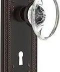Alt Tag: Meadows Plate Privacy Door Hardware With Oval Clear Crystal Glass Knob In Timeless Bronze, Complete Two Sided Set.