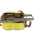 Beefy 3 Inch Ratchet Tie Down Strap, 27 Feet Long, Zinc Plated Double J Hooks, 5,000 Pound Load Limit, coiled with hooks visible