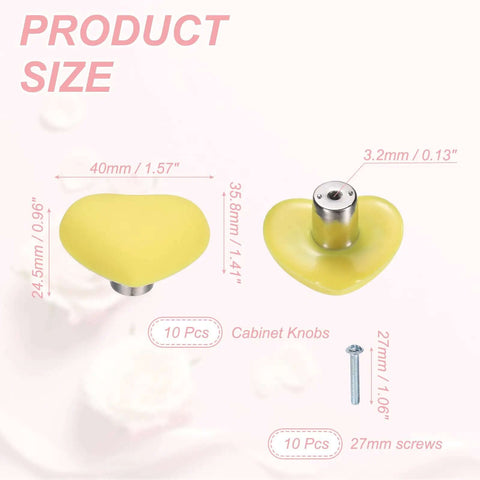 Heart Shaped Cabinet Knobs And Dresser Pulls Set Featuring A Slick Yellow Finish For Fast Cupboard Swaps, size details shown.