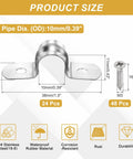 Diagram of Heavy Duty 24 Pack 10mm 304 Stainless Steel Rigid Pipe Straps U Brackets With Self Tapping Screws fit for 10mm pipe