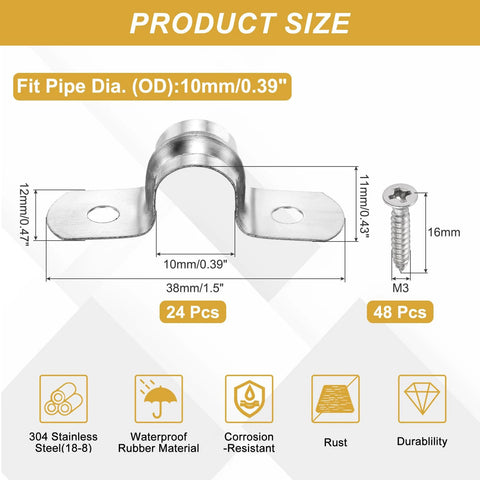 Diagram of Heavy Duty 24 Pack 10mm 304 Stainless Steel Rigid Pipe Straps U Brackets With Self Tapping Screws fit for 10mm pipe
