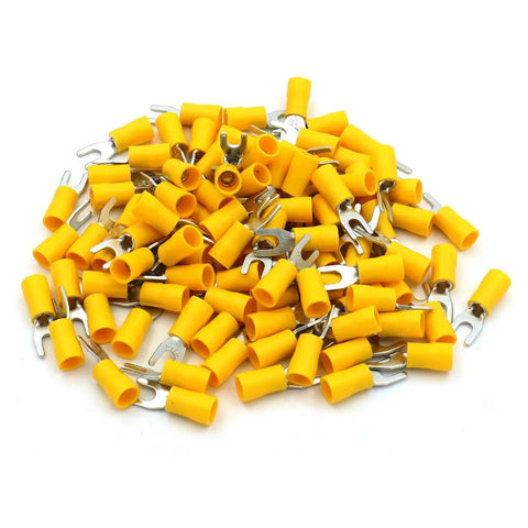 Yellow insulated fork spade wire connectors, SV5.5-4, 12-10 AWG, pack of 100. Copper terminals for crimping, industrial use.