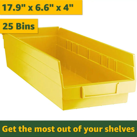 Heavy Duty Commercial Wire Garage Shelving Unit With 25 Storage Bins, yellow storage bin 17.9"x6.6"x4" for organizing gear.