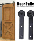 Two Pack Sliding Door Track Rail Pulley Wheel Rollers Barn Door Hardware Kit Heavy Duty Carbon Steel For Ultra Smooth Quiet Glide And Space Saving Sliding Door System For Kitchen And Home, featuring a close-up of carbon steel pulley wheels next to a wooden barn door on track.