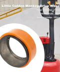 Premium Drive Wheel For MT15 And PU Replacement Fits Electric pallet Jack Trucks, 210mm outer diameter, orange polyurethane.