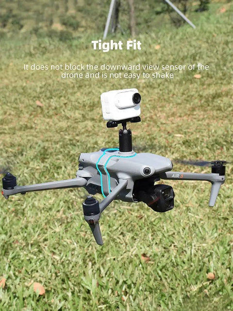 All In One Drone Action Camera Mount For Mavic Air 3S And Air 3 with Osmo Action attached, shown flying over grass.