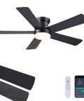 Slick 48 Inch Matte Black Flush Mount Ceiling Fan With Light For Modern Indoors, featuring remote and wood fan blades.