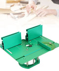 Heavy Duty Woodworking Bench Router Plate System With Precise Adjustable Height Lift and Sure Grip Clamping Mount, green aluminum unit with adjustable settings.