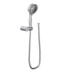 Four Function Eco Performance Handheld Shower with 69 Inch Hose and Wall Bracket, chrome finish, mounted on wall, hose hanging