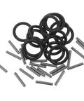 Premium 50 Pc Rubber Retaining Rings For Wrench Socket Pins That Lock Screws Tight, Durable Black Circlips scattered with metallic fixing washers.