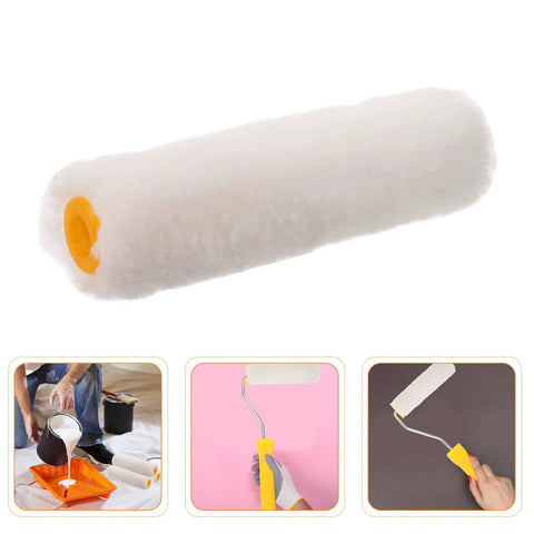Sturdy 15 Piece Mini Paint Rollers With Thick White Cotton Covers For Walls And Cabinetry, close-up of a roller with yellow end.