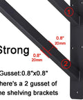 Close-up of Two Pack Rock Solid Shelf Brackets 16 By 12 Inch Wall Mounted Heavy Duty Floating Support Braces Matte Black Steel with gussets.