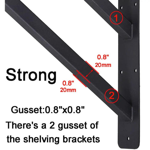 Close-up of Two Pack Rock Solid Shelf Brackets 16 By 12 Inch Wall Mounted Heavy Duty Floating Support Braces Matte Black Steel with gussets.
