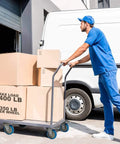 Worker pushing cart with Heavy Duty Five Inch Blue Caster Wheel With Dual Locking Brake For Three Eighths To One Point Two Inch Threaded Stem Mounts