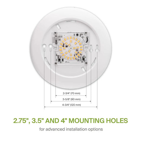 Back of LED Disk Lights 6 Inch Low Profile Dimmable Flush Mount Ceiling Fixture showing mounting holes dimensions.