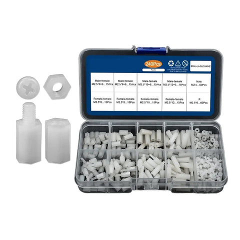 White Nylon Hex Standoff Spacer Set With Male Female Threading For Motherboard PC Support, 240 piece kit in organizer.
