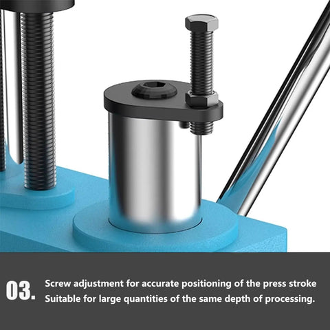 Close-up of screw adjustment mechanism on Heavy Duty Benchtop Arbor Press With Automatic Retractable Handle And 1100 Lb Manual Forming Capacity.
