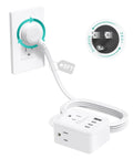 NUTICT 360 Rotating Flat Power Strip With Three AC Outlets And Four USB Ports connected to wall outlet with 8ft cord.