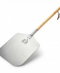 Front view of Pizza Peel 12 By 14 Aluminum Paddle With 21 Inch Detachable Wooden Handle, 35.5 Inch Total Length, durable aluminum shovel.