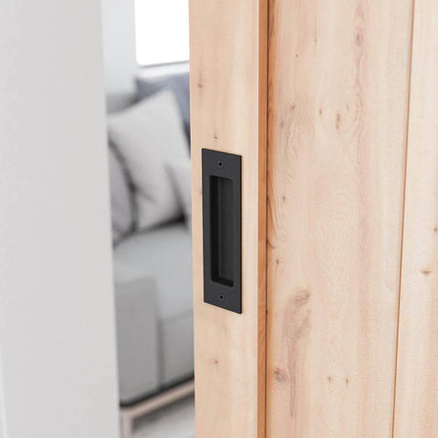 6 1/2 Inch Matte Black Frosted Flush Pull for Sliding Barn Doors recessed in wood, heavy duty solid steel hardware