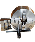 Front view of 160mm 4-jaw lathe chuck with self-centering jaws and chuck key