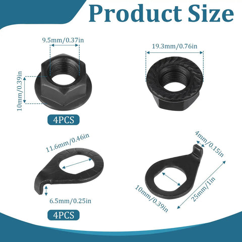 Heavy Duty Bicycle Hub Nut Set Built Tough Three Eighths Inch Black Flange Axle Nuts With Front And Rear Wheel Safety Washers