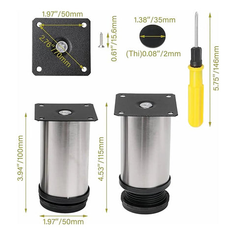 4 Pack Adjustable Stainless Steel Furniture Legs 2 Inch Round Metal Feet For Coffee Tables Cabinets Desks Sofas And Shelves With Screws Driver And Non Slip Pads Height Adjustable From 10cm To 11.5cm. Image shows legs with dimensions and screwdriver included.