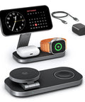3 In 1 Wireless Charging Stand With Qi2 25W Fast Charge Foldable MagSafe Dock For iPhone 17 Series And Earlier, Apple Watch And AirPods Charger displayed on a desk