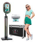 Mirror Photo Booth With Printer And 4K HD Camera, RGB Surround Lighting, portable stand, sample print, and carrying case displayed.